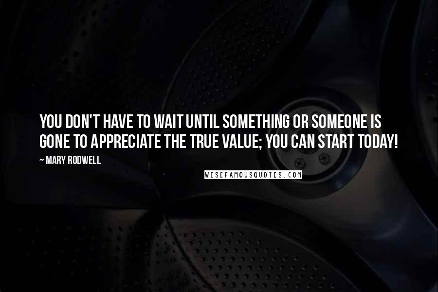 Mary Rodwell Quotes: You don't have to wait until something or someone is gone to appreciate the true value; you can start today!