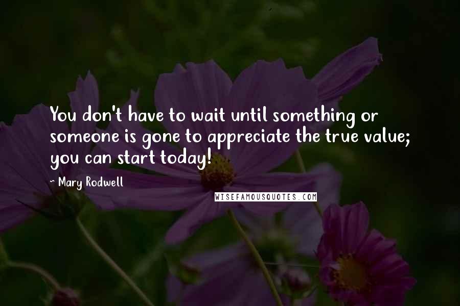 Mary Rodwell Quotes: You don't have to wait until something or someone is gone to appreciate the true value; you can start today!