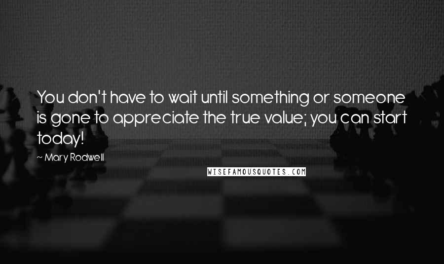 Mary Rodwell Quotes: You don't have to wait until something or someone is gone to appreciate the true value; you can start today!