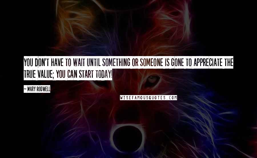 Mary Rodwell Quotes: You don't have to wait until something or someone is gone to appreciate the true value; you can start today!