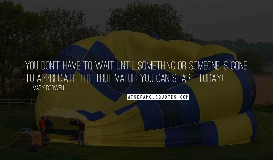 Mary Rodwell Quotes: You don't have to wait until something or someone is gone to appreciate the true value; you can start today!