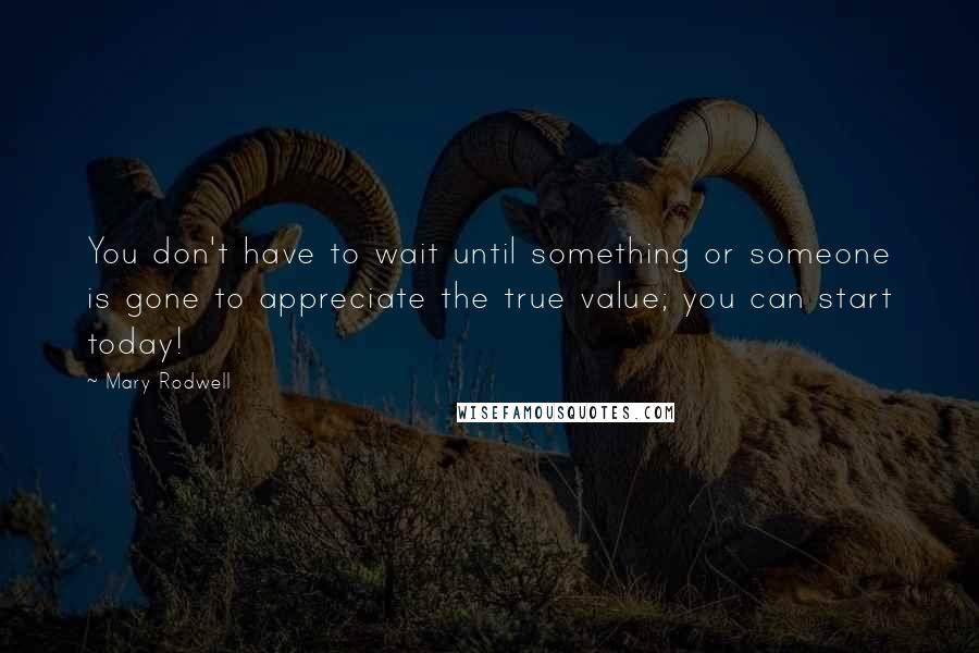Mary Rodwell Quotes: You don't have to wait until something or someone is gone to appreciate the true value; you can start today!