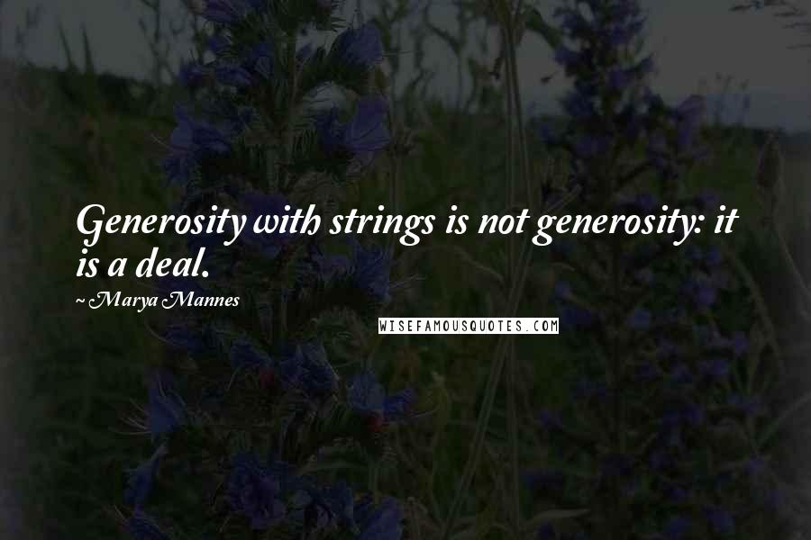 Marya Mannes Quotes: Generosity with strings is not generosity: it is a deal.