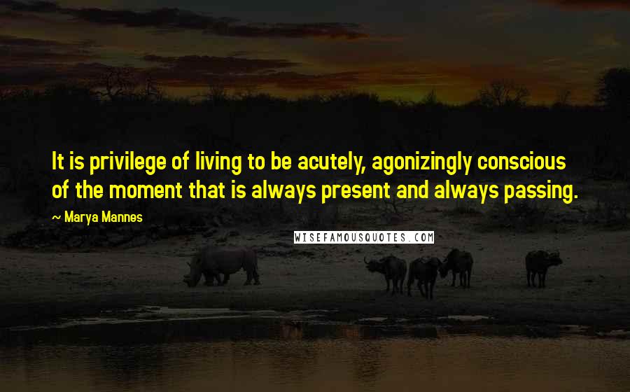 Marya Mannes Quotes: It is privilege of living to be acutely, agonizingly conscious of the moment that is always present and always passing.