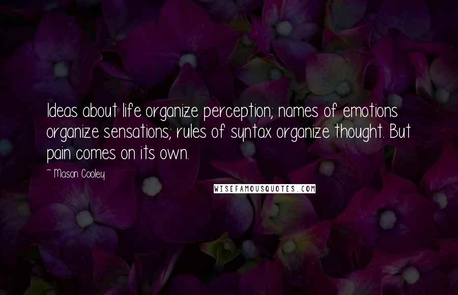 Mason Cooley Quotes: Ideas about life organize perception; names of emotions organize sensations; rules of syntax organize thought. But pain comes on its own.