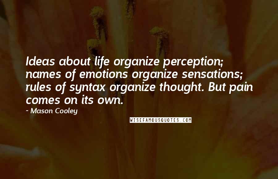 Mason Cooley Quotes: Ideas about life organize perception; names of emotions organize sensations; rules of syntax organize thought. But pain comes on its own.
