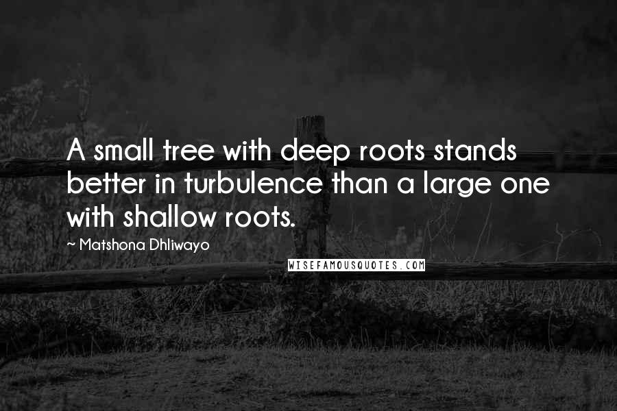 Matshona Dhliwayo Quotes: A small tree with deep roots stands better in turbulence than a large one with shallow roots.