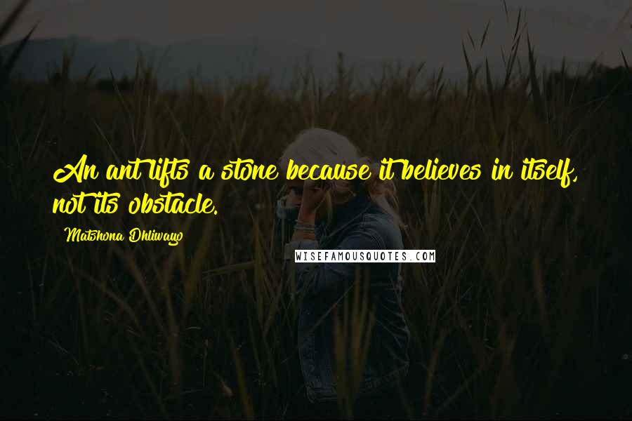 Matshona Dhliwayo Quotes: An ant lifts a stone because it believes in itself, not its obstacle.