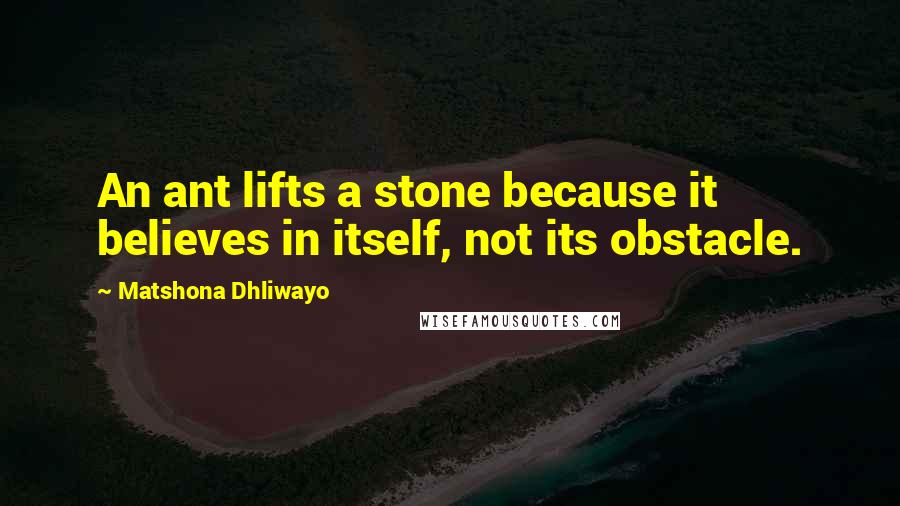 Matshona Dhliwayo Quotes: An ant lifts a stone because it believes in itself, not its obstacle.