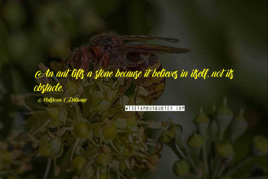 Matshona Dhliwayo Quotes: An ant lifts a stone because it believes in itself, not its obstacle.