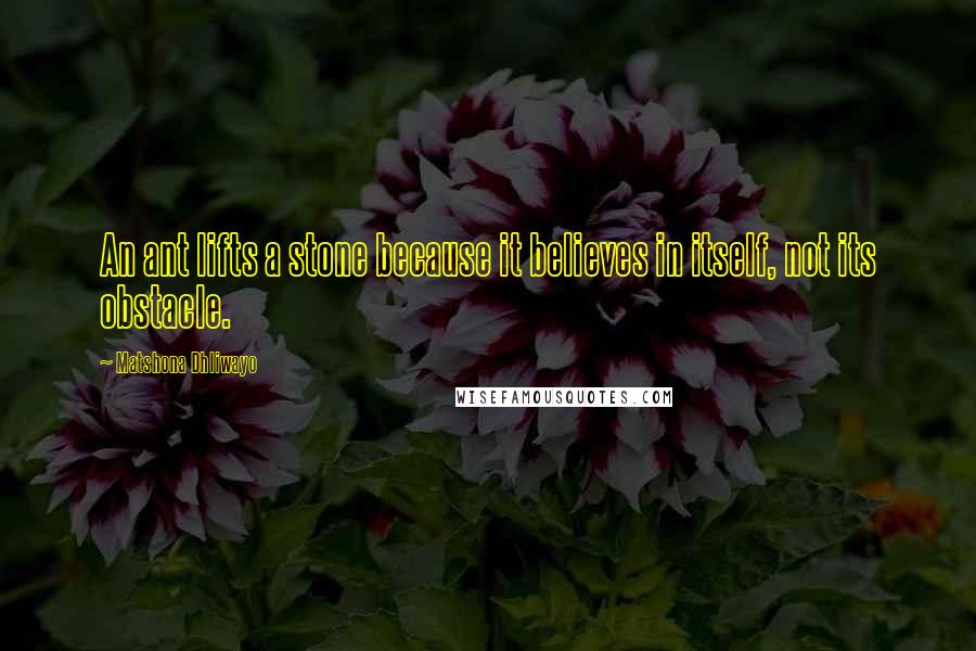 Matshona Dhliwayo Quotes: An ant lifts a stone because it believes in itself, not its obstacle.