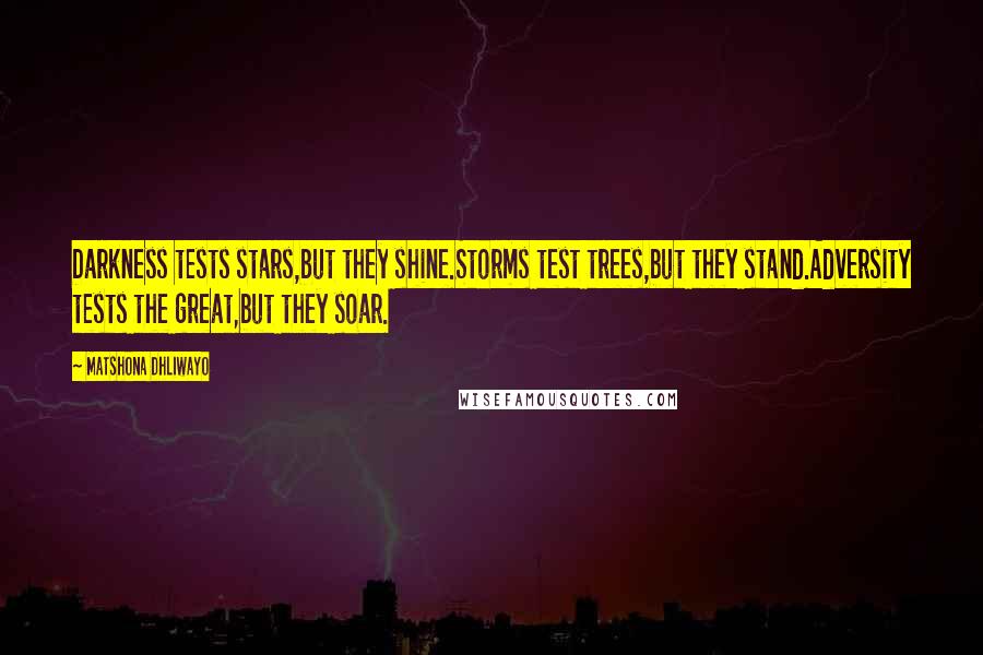 Matshona Dhliwayo Quotes: Darkness tests stars,but they shine.Storms test trees,but they stand.Adversity tests the great,but they soar.