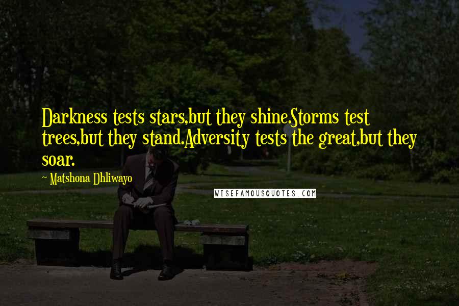 Matshona Dhliwayo Quotes: Darkness tests stars,but they shine.Storms test trees,but they stand.Adversity tests the great,but they soar.