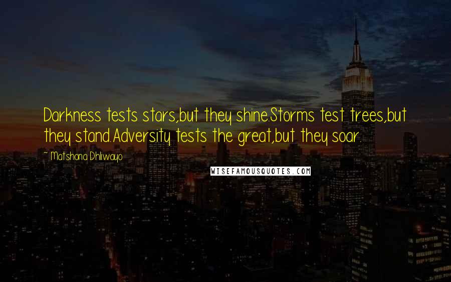 Matshona Dhliwayo Quotes: Darkness tests stars,but they shine.Storms test trees,but they stand.Adversity tests the great,but they soar.