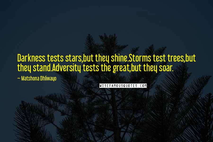 Matshona Dhliwayo Quotes: Darkness tests stars,but they shine.Storms test trees,but they stand.Adversity tests the great,but they soar.