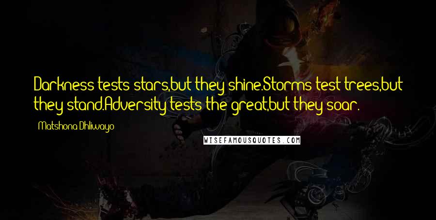 Matshona Dhliwayo Quotes: Darkness tests stars,but they shine.Storms test trees,but they stand.Adversity tests the great,but they soar.