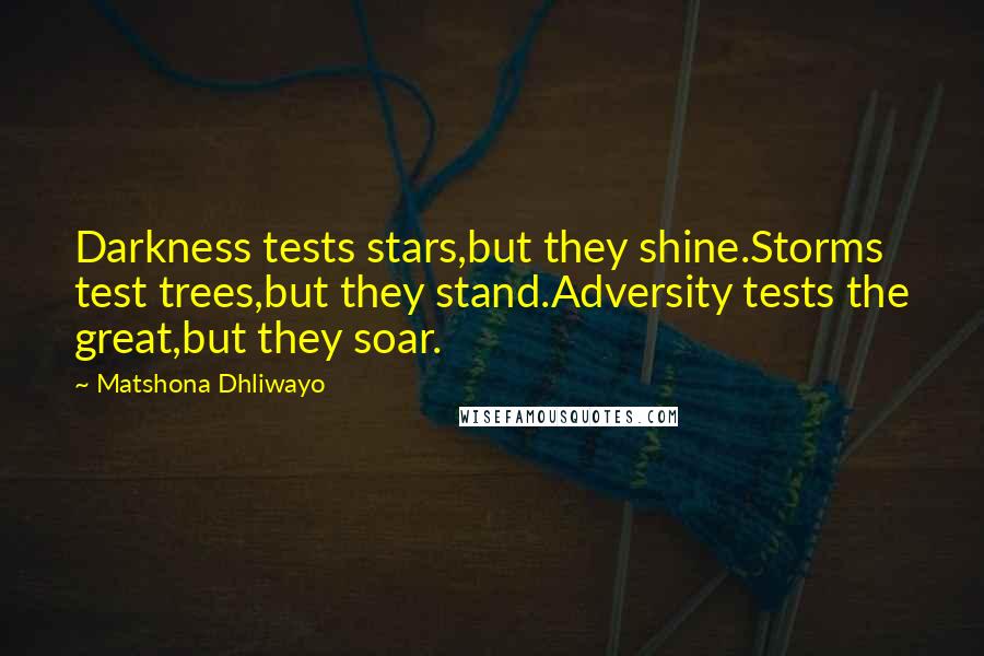 Matshona Dhliwayo Quotes: Darkness tests stars,but they shine.Storms test trees,but they stand.Adversity tests the great,but they soar.