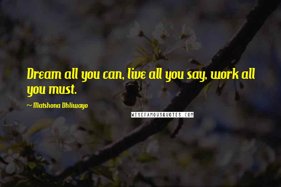 Matshona Dhliwayo Quotes: Dream all you can, live all you say, work all you must.