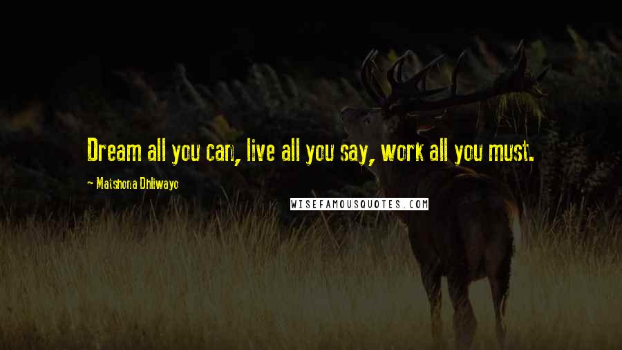 Matshona Dhliwayo Quotes: Dream all you can, live all you say, work all you must.