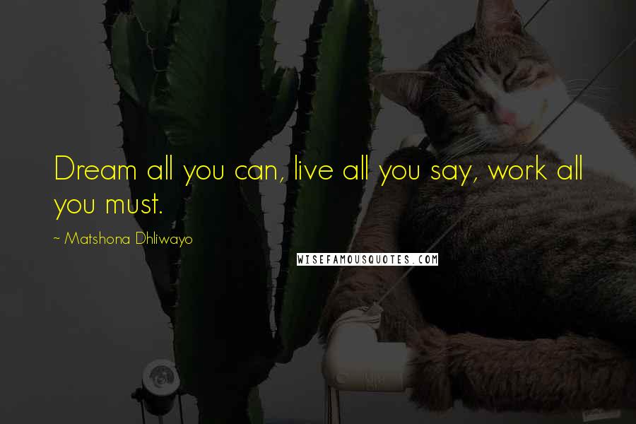 Matshona Dhliwayo Quotes: Dream all you can, live all you say, work all you must.