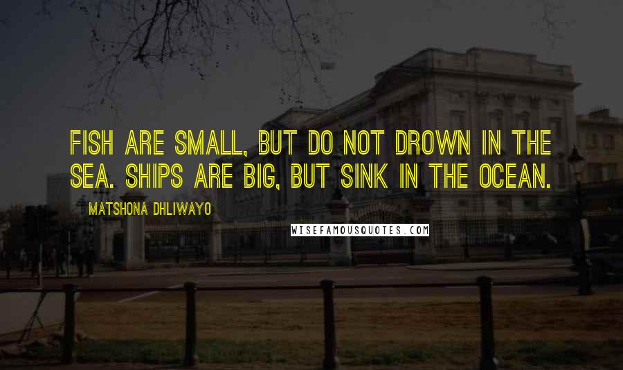 Matshona Dhliwayo Quotes: Fish are small, but do not drown in the sea. Ships are big, but sink in the ocean.