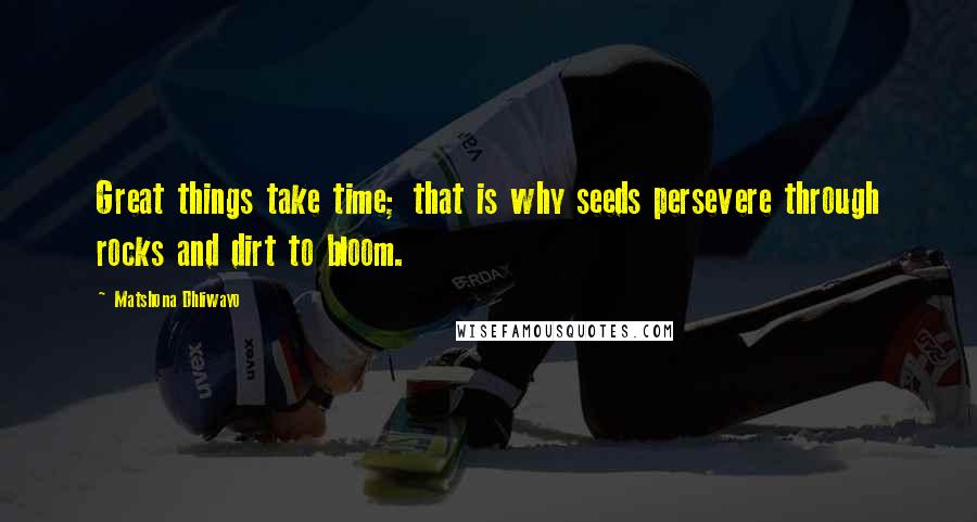 Matshona Dhliwayo Quotes: Great things take time; that is why seeds persevere through rocks and dirt to bloom.