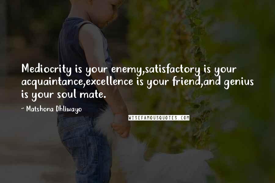 Matshona Dhliwayo Quotes: Mediocrity is your enemy,satisfactory is your acquaintance,excellence is your friend,and genius is your soul mate.