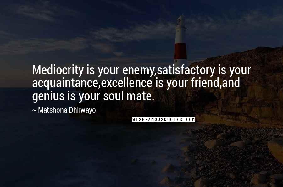 Matshona Dhliwayo Quotes: Mediocrity is your enemy,satisfactory is your acquaintance,excellence is your friend,and genius is your soul mate.