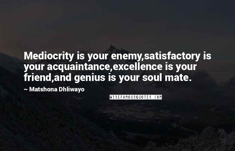 Matshona Dhliwayo Quotes: Mediocrity is your enemy,satisfactory is your acquaintance,excellence is your friend,and genius is your soul mate.