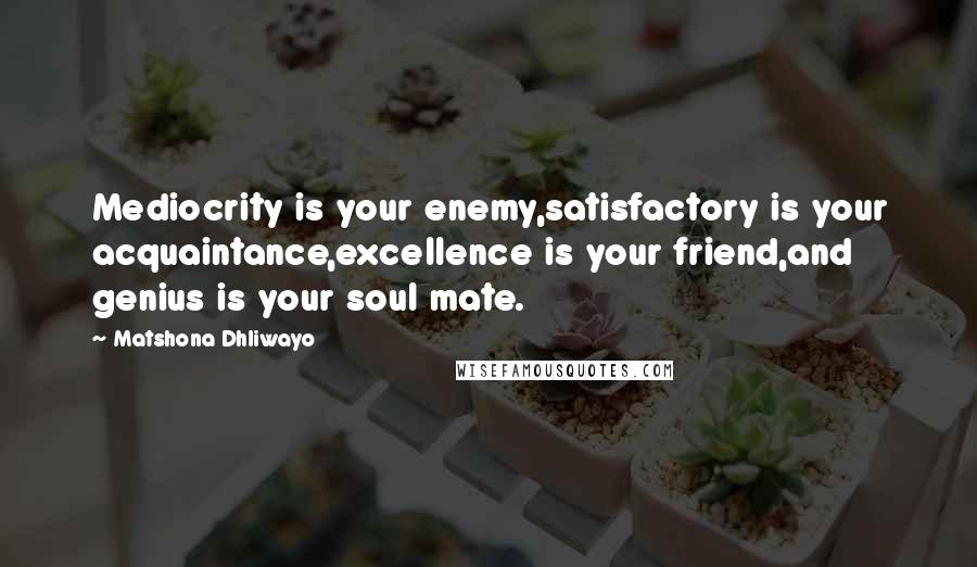 Matshona Dhliwayo Quotes: Mediocrity is your enemy,satisfactory is your acquaintance,excellence is your friend,and genius is your soul mate.