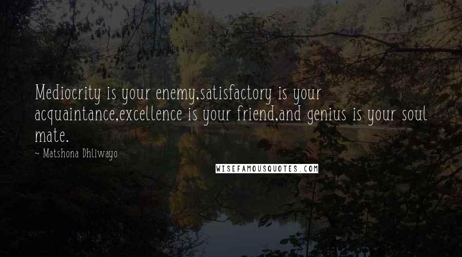 Matshona Dhliwayo Quotes: Mediocrity is your enemy,satisfactory is your acquaintance,excellence is your friend,and genius is your soul mate.