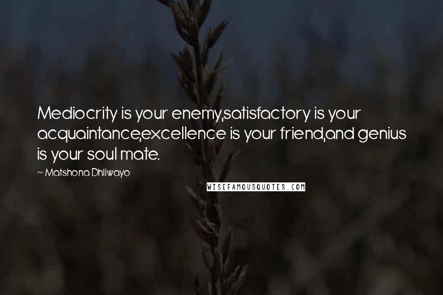 Matshona Dhliwayo Quotes: Mediocrity is your enemy,satisfactory is your acquaintance,excellence is your friend,and genius is your soul mate.