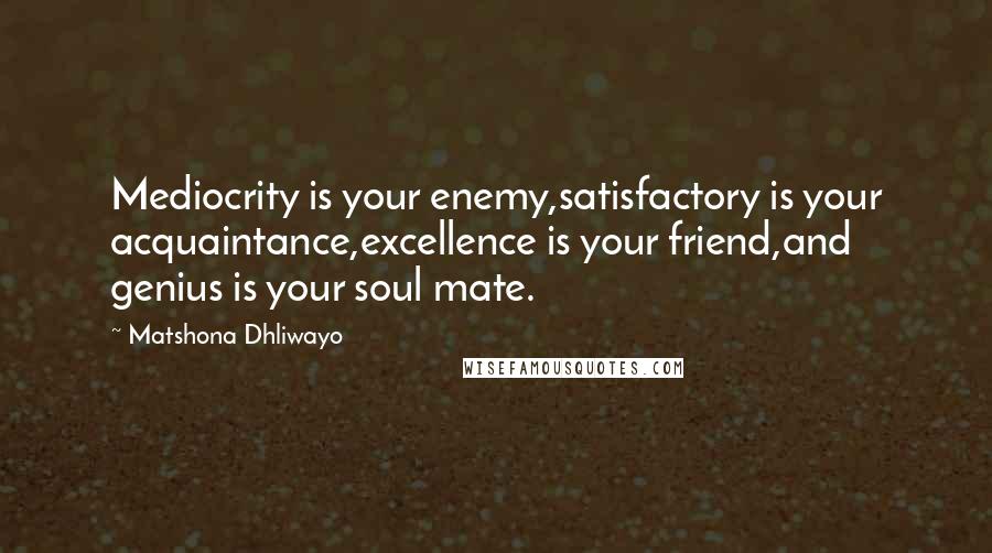 Matshona Dhliwayo Quotes: Mediocrity is your enemy,satisfactory is your acquaintance,excellence is your friend,and genius is your soul mate.