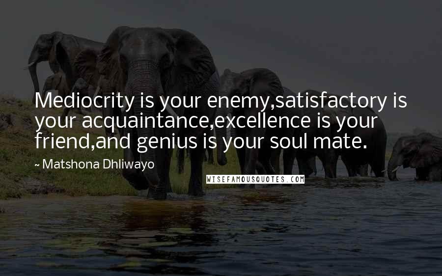 Matshona Dhliwayo Quotes: Mediocrity is your enemy,satisfactory is your acquaintance,excellence is your friend,and genius is your soul mate.