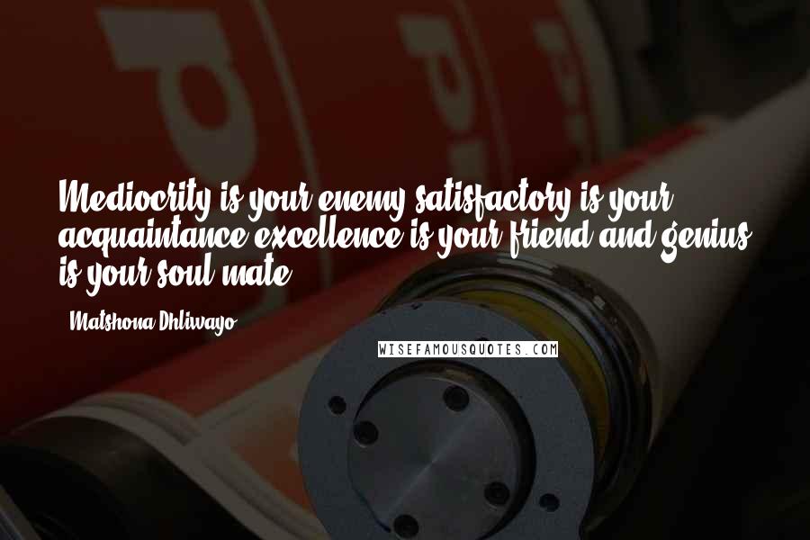 Matshona Dhliwayo Quotes: Mediocrity is your enemy,satisfactory is your acquaintance,excellence is your friend,and genius is your soul mate.