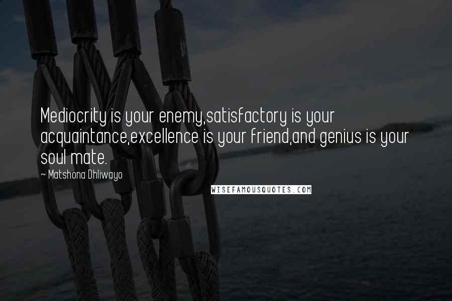 Matshona Dhliwayo Quotes: Mediocrity is your enemy,satisfactory is your acquaintance,excellence is your friend,and genius is your soul mate.