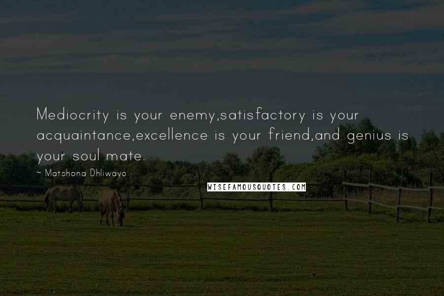 Matshona Dhliwayo Quotes: Mediocrity is your enemy,satisfactory is your acquaintance,excellence is your friend,and genius is your soul mate.