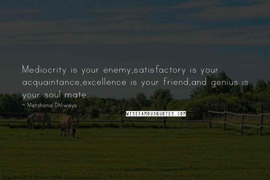 Matshona Dhliwayo Quotes: Mediocrity is your enemy,satisfactory is your acquaintance,excellence is your friend,and genius is your soul mate.