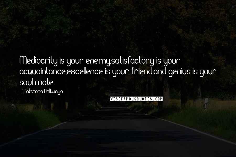 Matshona Dhliwayo Quotes: Mediocrity is your enemy,satisfactory is your acquaintance,excellence is your friend,and genius is your soul mate.