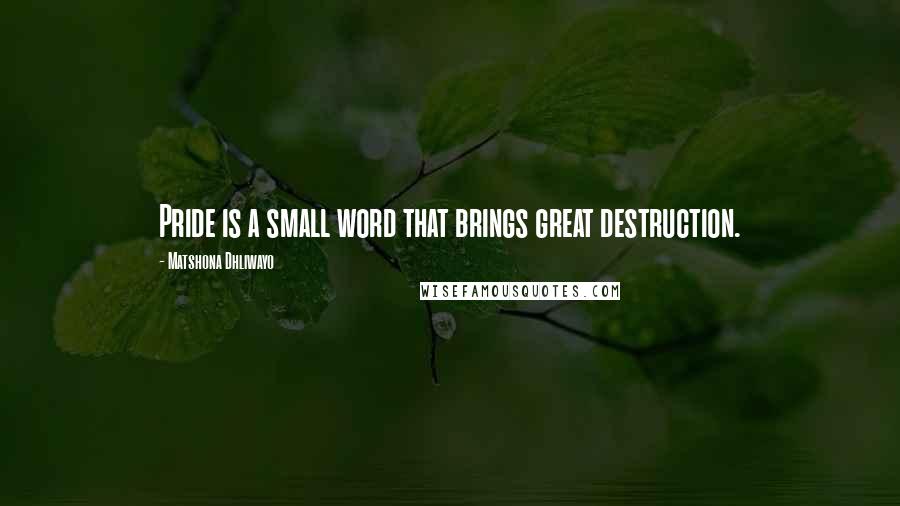 Matshona Dhliwayo Quotes: Pride is a small word that brings great destruction.