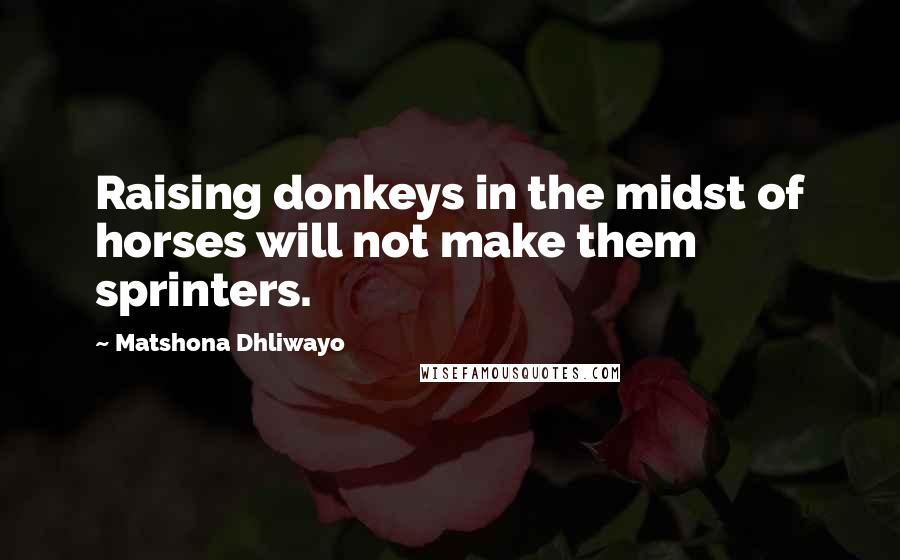 Matshona Dhliwayo Quotes: Raising donkeys in the midst of horses will not make them sprinters.