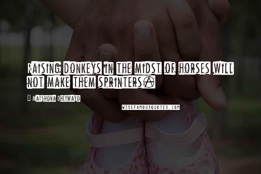 Matshona Dhliwayo Quotes: Raising donkeys in the midst of horses will not make them sprinters.