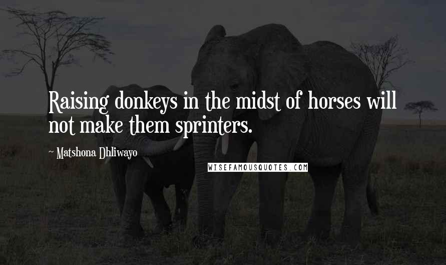 Matshona Dhliwayo Quotes: Raising donkeys in the midst of horses will not make them sprinters.