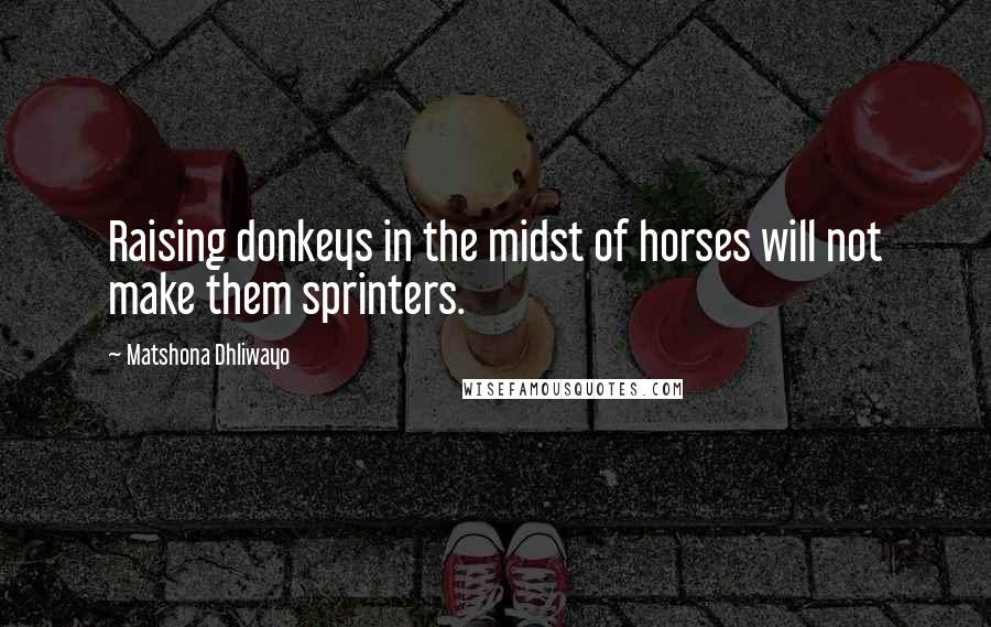 Matshona Dhliwayo Quotes: Raising donkeys in the midst of horses will not make them sprinters.