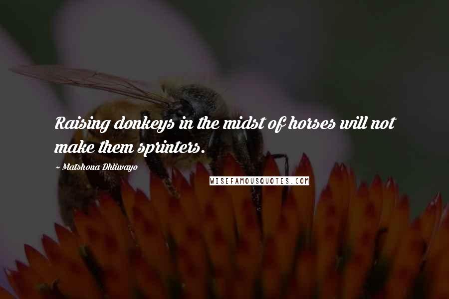 Matshona Dhliwayo Quotes: Raising donkeys in the midst of horses will not make them sprinters.