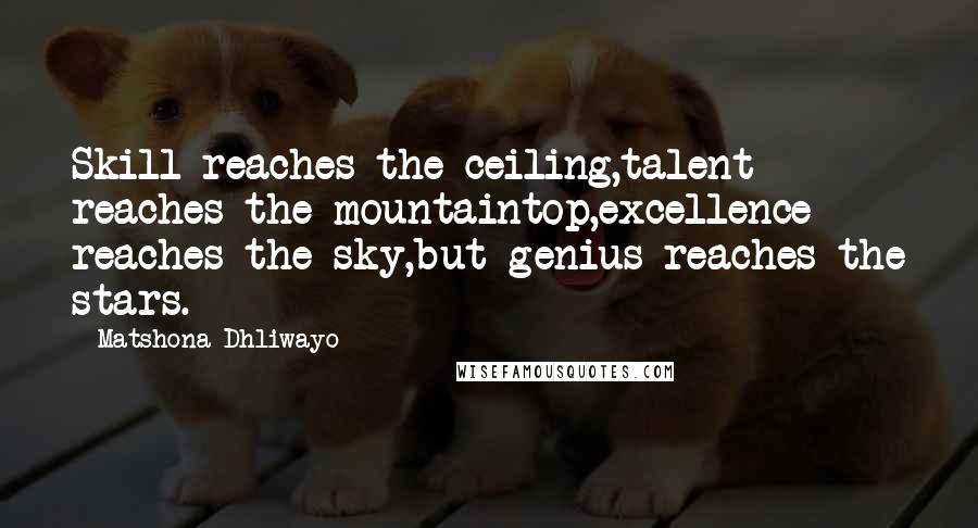 Matshona Dhliwayo Quotes: Skill reaches the ceiling,talent reaches the mountaintop,excellence reaches the sky,but genius reaches the stars.