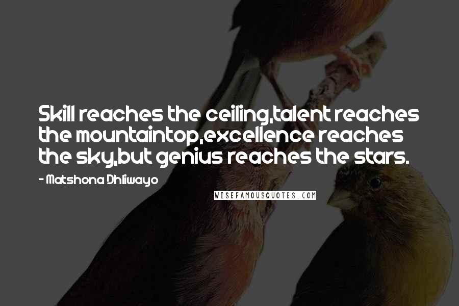 Matshona Dhliwayo Quotes: Skill reaches the ceiling,talent reaches the mountaintop,excellence reaches the sky,but genius reaches the stars.