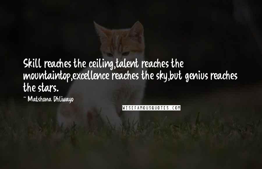 Matshona Dhliwayo Quotes: Skill reaches the ceiling,talent reaches the mountaintop,excellence reaches the sky,but genius reaches the stars.