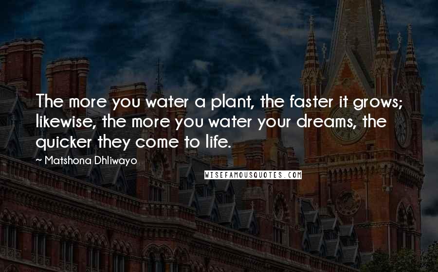 Matshona Dhliwayo Quotes: The more you water a plant, the faster it grows; likewise, the more you water your dreams, the quicker they come to life.