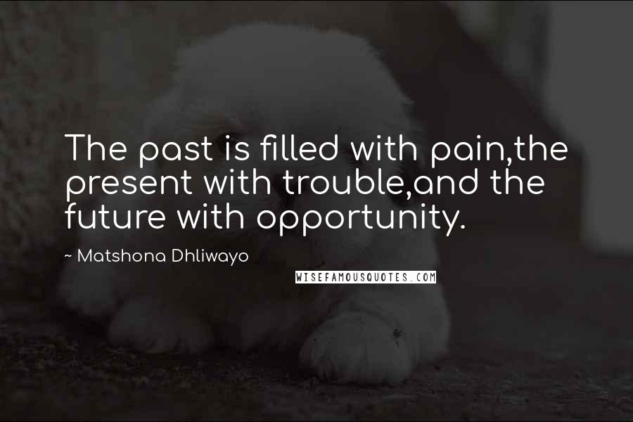 Matshona Dhliwayo Quotes: The past is filled with pain,the present with trouble,and the future with opportunity.